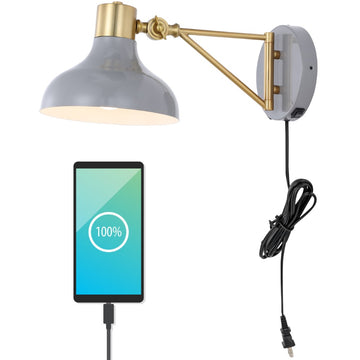 Lynn 15" Swing Arm Modern Midcentury Iron USB Charging Port LED Sconce - JONATHAN Y